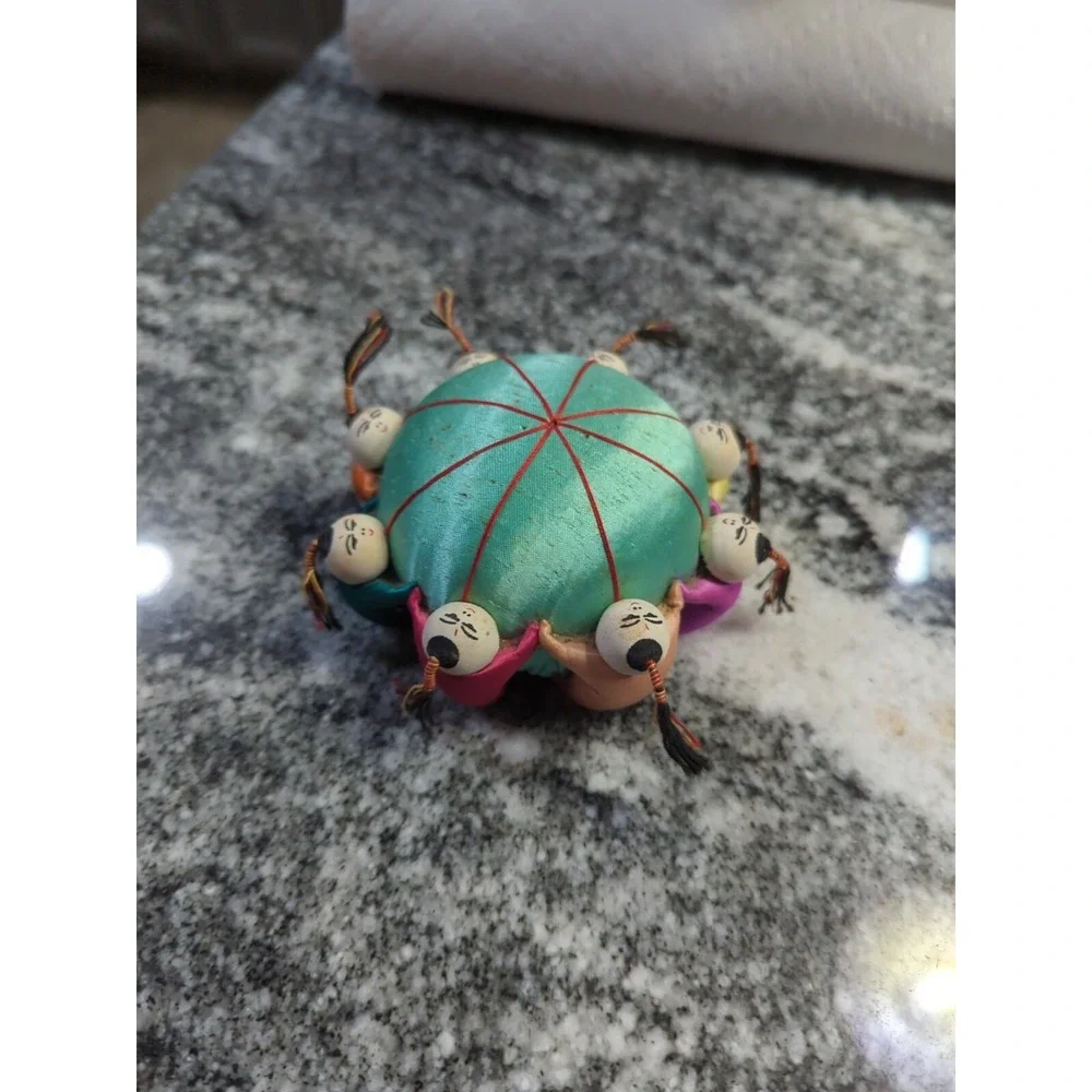 Vintage Silk Pin Cushion Chinese Dolls Aqua Cushion Hand painted 5